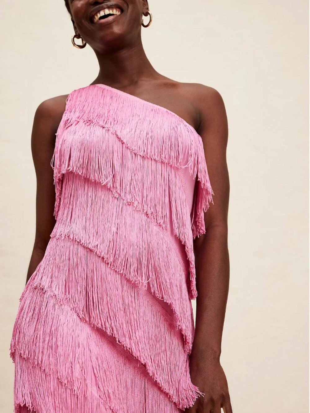 Norma Kamali Pink One Shoulder Fringe Dress XL